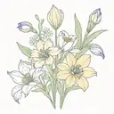 Bouquet of flowers with snowdrop, iris, violet, larkspur, water lily, poppy, lily of the valley, thistle, cosmos, peony  tattoo design idea