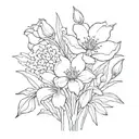 Bouquet of flowers with snowdrop, iris, violet, larkspur, water lily, poppy, lily of the valley, thistle, cosmos, peony  tattoo design idea