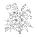 Bouquet of flowers with snowdrop, iris, violet, larkspur, water lily, poppy, lily of the valley, thistle, cosmos, peony  tattoo design idea