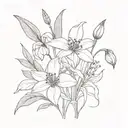 Bouquet of flowers with snowdrop, iris, violet, larkspur, water lily, poppy, lily of the valley, thistle, cosmos, peony  tattoo design idea