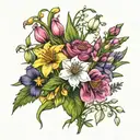 Bouquet of flowers with snowdrop, iris, violet, larkspur, water lily, poppy, lily of the valley, thistle, cosmos, peony  tattoo design idea