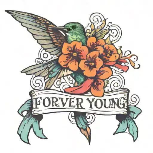 hummingbird holding ribbon that says "forever young"  tattoo design idea