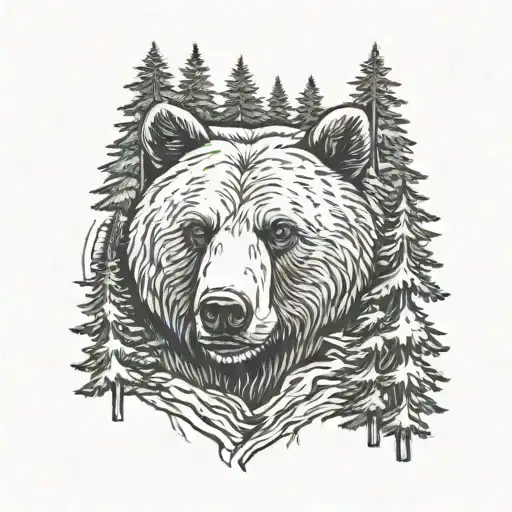 head of bear + forest scene tattoo design idea