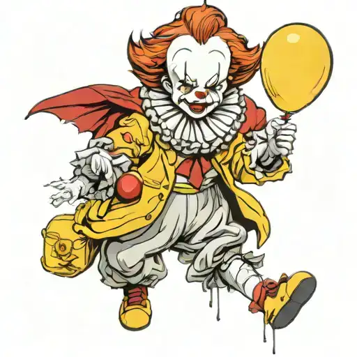 Pennywise the clown as a kid wearing a yellow rain coat while holding a red ballon tattoo design idea
