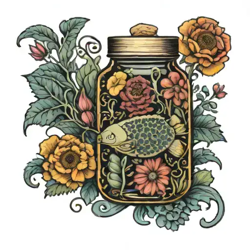A pickled jar of tardigrades surrounded by intricate floral patterns tattoo design idea