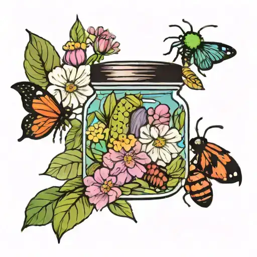 A jar of pickles surrounded by colorful flowers and bugs tattoo design idea
