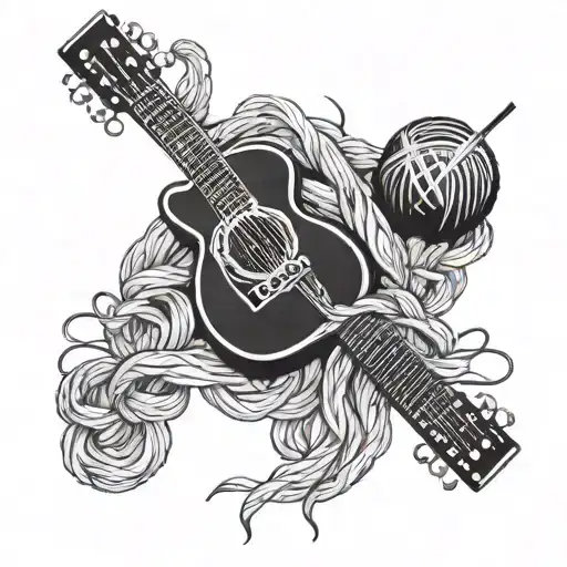 A tattoo design combining a guitar and a ball of yarn, symbolizing the client's love for music and crocheting tattoo design idea