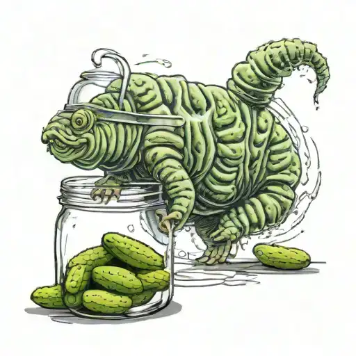 A realistic depiction of a tardigrade crawling over a jar of pickles tattoo design idea