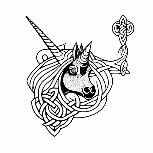 goth unicorn with celtic cross as background tattoo design idea