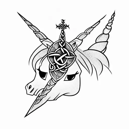  evil unicorn with celtic cross with the name Riley written inside it tattoo design idea