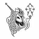 goth unicorn with celtic cross as background tattoo design idea
