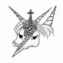  evil unicorn with celtic cross with the name Riley written inside it tattoo design idea