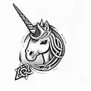  evil unicorn with celtic cross with the name Riley written inside it tattoo design idea