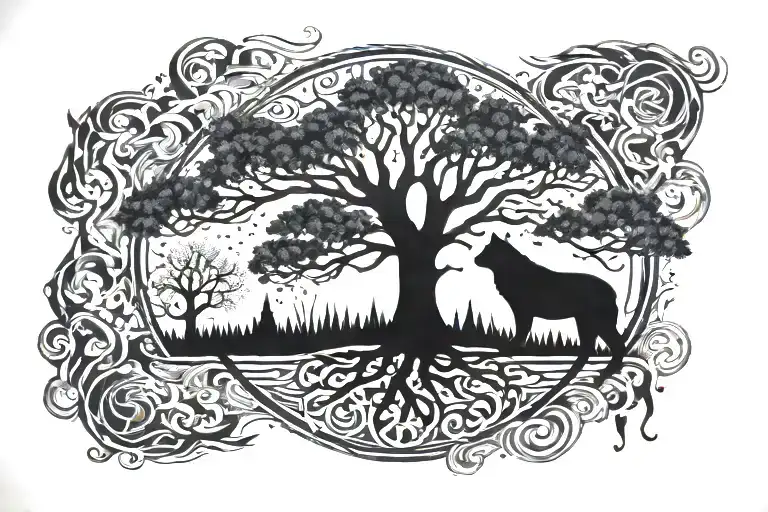 Tree of life in the center bear below right wolf below left tattoo design idea