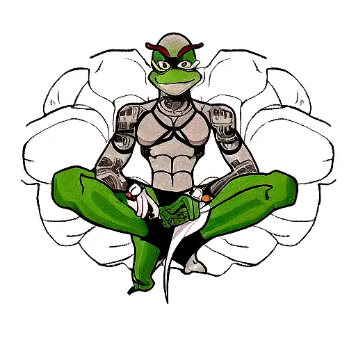 A stylized blackwork tattoo of the Teenage Mutant Ninja Turtles meditating in a lotus position, incorporating elements of Buddhism symbolism tattoo design idea