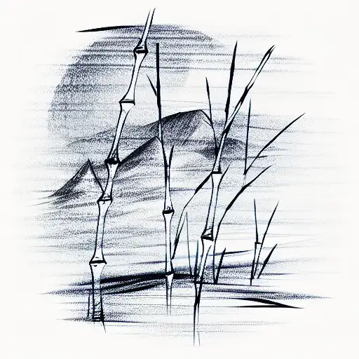 three bamboo sticks with leaves, background of mountains  tattoo design idea