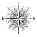 compass rose in center, four elements around it: a bridge, Bean from Chicago, Atomium from Brussels and map of Lake Como tattoo design idea