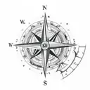 compass rose in center, four elements around it: a bridge, Bean from Chicago, Atomium from Brussels and map of Lake Como tattoo design idea