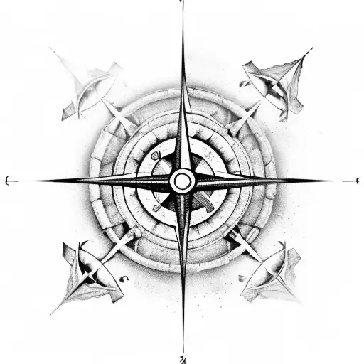 An abstract design of a shipwreck sinking into the depths of the ocean, with a compass rose in the background pointing towards the 4 cardinal virtues tattoo design idea