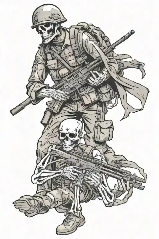 us military skeleton soldier, holding a rifle in his hand, dragging another soldier to safety with his other hand tattoo design idea