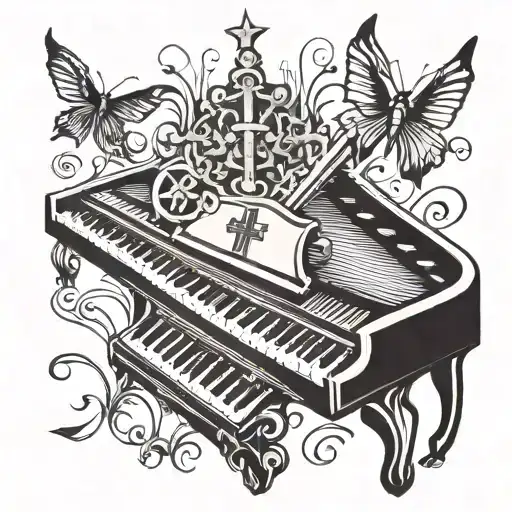 Piano keys with cross necklace  tattoo design idea