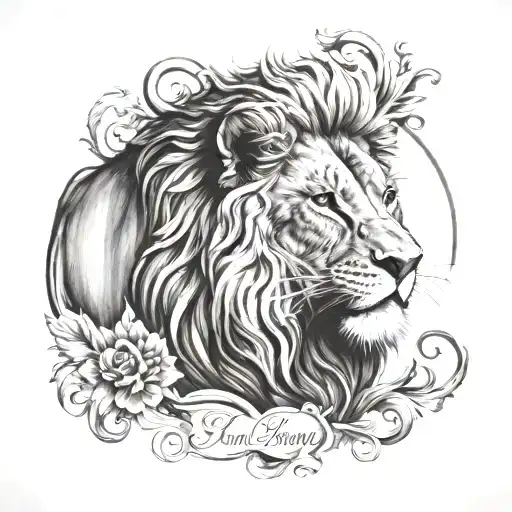 Last Name with lion head tattoo design idea