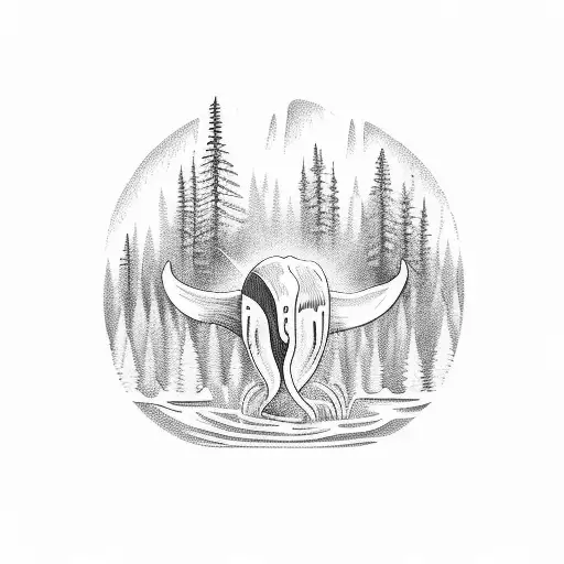 "hot water music" logo paired with a yosemite valley landscape inside a blue whale, in black and white  tattoo design idea