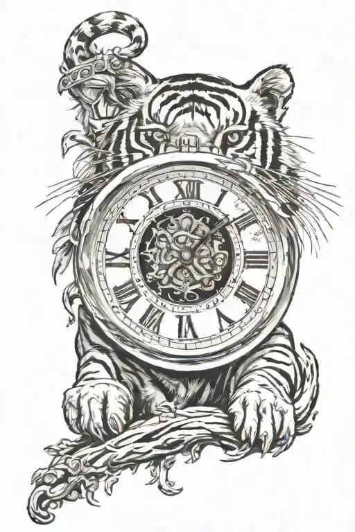 Old partial clock with rome numbers and a tiger walking tattoo design idea