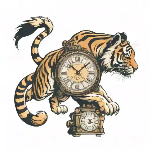 Old clock with rome numbers and a tiger walking tattoo design idea