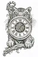 Old partial clock with rome numbers and a tiger walking tattoo design idea
