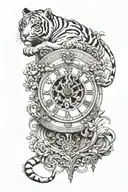 Old partial clock with rome numbers and a tiger walking tattoo design idea