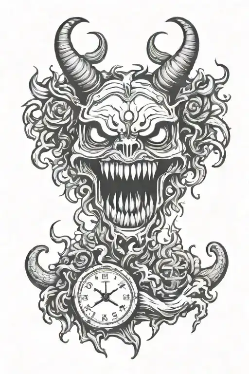 horn demon emoji melting clock tattoo design idea