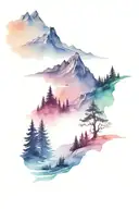 mountains to sea, forest, snow, waves, single track from top to bottom tattoo design idea