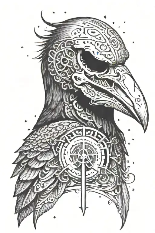 A Crow (bird)  skull with a viking runes engraved in the head tattoo design idea