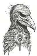 A Crow (bird)  skull with a viking runes engraved in the head tattoo design idea
