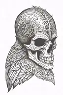 A Crow (bird)  skull with a viking runes engraved in the head tattoo design idea