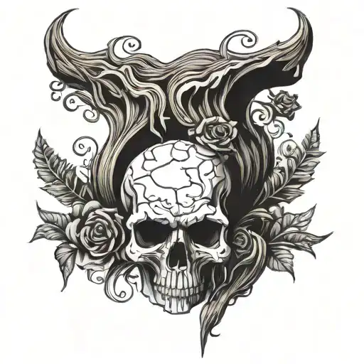 skull carved in wood tattoo design idea