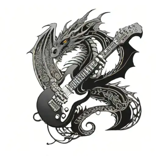 An intricate design featuring a dragon playing an electric guitar, surrounded by music notes and metal elements tattoo design idea
