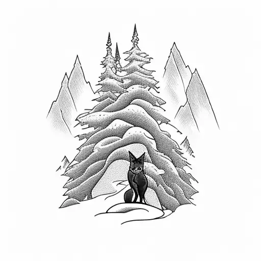 mountain with skiier with a forest in front with a fox and a bear and a lake with a loon  tattoo design idea
