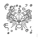 A minimalist silhouette of a cat with a thought bubble filled with question marks, representing the curiosity and mystery of the feline mind. tattoo design idea
