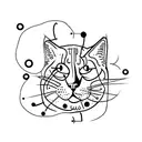 A minimalist silhouette of a cat with a thought bubble filled with question marks, representing the curiosity and mystery of the feline mind. tattoo design idea