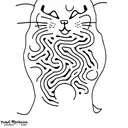 A minimalist silhouette of a cat with a thought bubble filled with question marks, representing the curiosity and mystery of the feline mind. tattoo design idea