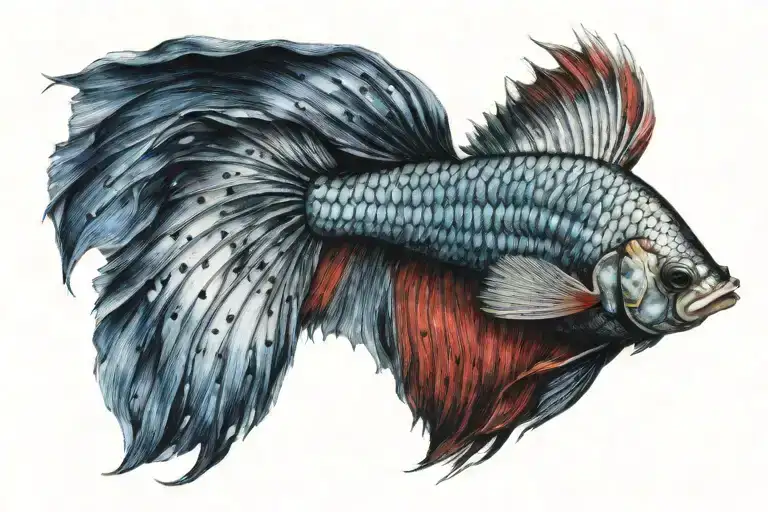 hyper realistic Betta fish thats black, red, blue, with white scale patch tattoo design idea