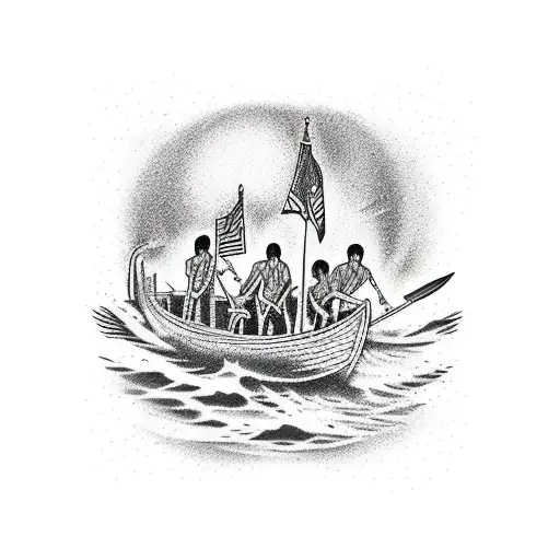 A dotwork tattoo of the Beatles crossing the River Styx in a boat with Charon tattoo design idea