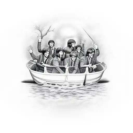 A dotwork tattoo of the Beatles crossing the River Styx in a boat with Charon tattoo design idea