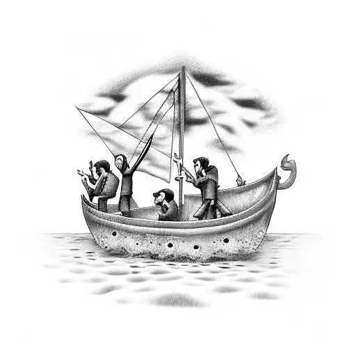 A dotwork tattoo of the Beatles crossing the River Styx in a boat with Charon tattoo design idea