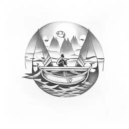 A dotwork tattoo of the Beatles crossing the River Styx in a boat with Charon tattoo design idea