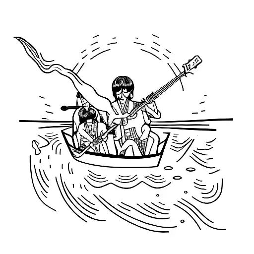 A dotwork tattoo of the Beatles crossing the River Styx in a boat with Charon tattoo design idea