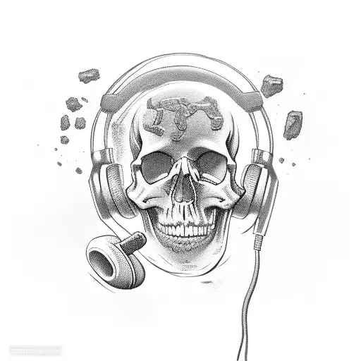 skull with headphones, with drug paraphernalia scattered behind. tattoo design idea
