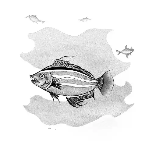 A black-grey tattoo of a lucky fish surrounded by waves tattoo design idea